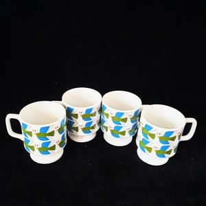 Set of Vintage Stacking Coffee Mugs Mod Blue Green Birds